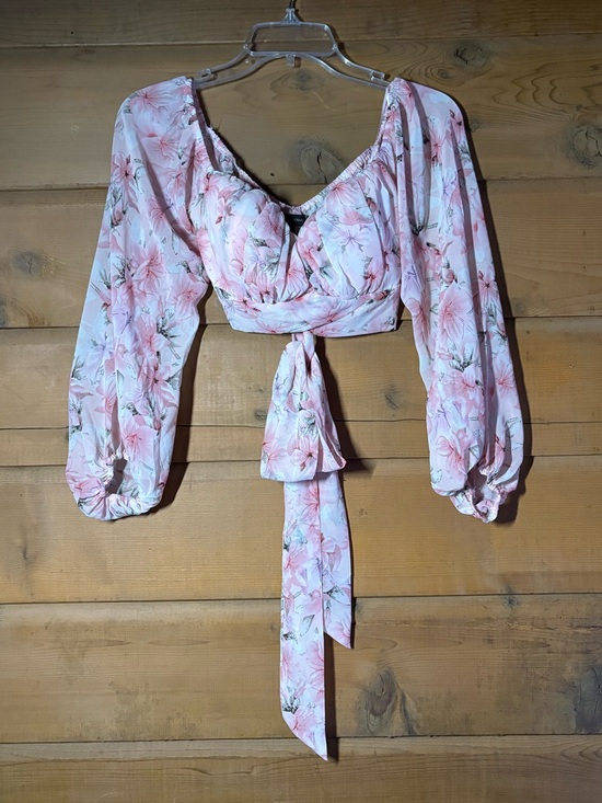 Miss Avenue Tops - Miss Avenue Pink Floral Tie-Front Puff Sleeve Crop Top- Size M